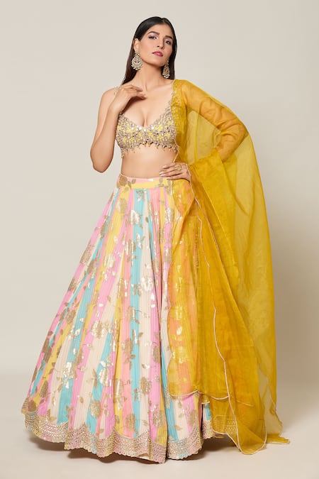 Shop_Samyukta Singhania_Multi Color Organza, Net, Silk Mirrors, Cut Bloom Embroidered Kali Lehenga Set _Online_at_Aza_Fashions