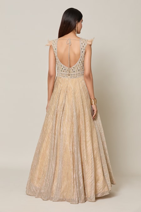 Shop Samyukta Singhania Gold Net, Crepe Mirrors, Sequins Round Persian And Embellished Gown With Dupatta at Aza Fashions Shop_Samyukta Singhania_Gold Net, Crepe Mirrors, Sequins Round Persian And Embellished Gown With Dupatta _at_Aza_Fashions