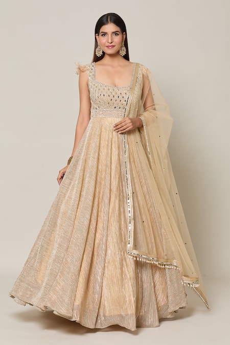 Shop Samyukta Singhania Gold Net, Crepe Mirrors, Sequins Round Persian And Embellished Gown With Dupatta Online at Aza Fashions Shop_Samyukta Singhania_Gold Net, Crepe Mirrors, Sequins Round Persian And Embellished Gown With Dupatta _Online_at_Aza_Fashions