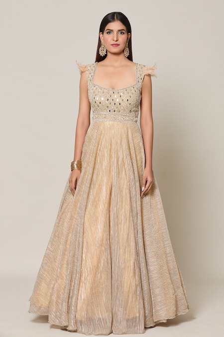 Samyukta Singhania Gold Net, Crepe Mirrors, Sequins Round Persian And Embellished Gown With Dupatta at Aza Fashions Samyukta Singhania_Gold Net, Crepe Mirrors, Sequins Round Persian And Embellished Gown With Dupatta _at_Aza_Fashions