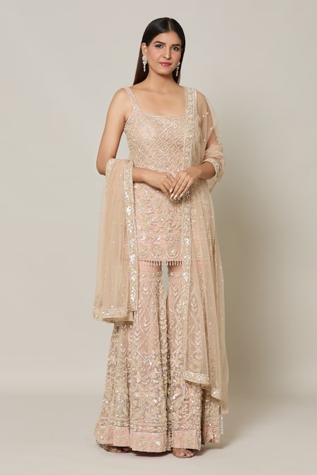 Samyukta Singhania Beige Net Embroidery Sequin Square Neck French Bloom Kurta Sharara Set