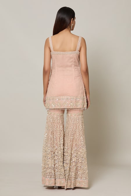 Shop Samyukta Singhania Beige Net Sequins, Cut Work Square French Bloom Embroidered Kurta Sharara Set at Aza Fashions Shop_Samyukta Singhania_Beige Net Sequins, Cut Work Square French Bloom Embroidered Kurta Sharara Set _at_Aza_Fashions