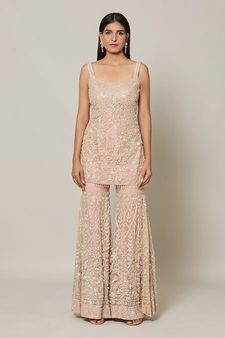 Samyukta Singhania Beige Net Sequins, Cut Work Square French Bloom Embroidered Kurta Sharara Set Online at Aza Fashions Samyukta Singhania_Beige Net Sequins, Cut Work Square French Bloom Embroidered Kurta Sharara Set _Online_at_Aza_Fashions