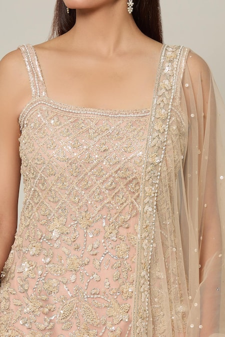Buy Samyukta Singhania Beige Net Sequins, Cut Work Square French Bloom Embroidered Kurta Sharara Set Online at Aza Fashions Buy_Samyukta Singhania_Beige Net Sequins, Cut Work Square French Bloom Embroidered Kurta Sharara Set _Online_at_Aza_Fashions