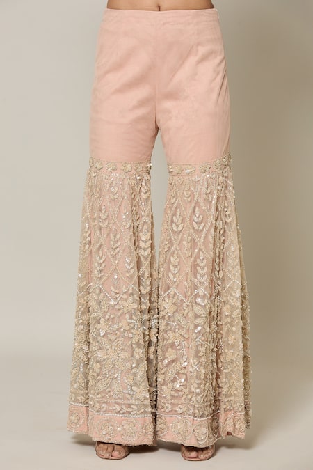 Shop Samyukta Singhania Beige Net Sequins, Cut Work Square French Bloom Embroidered Kurta Sharara Set Online at Aza Fashions Shop_Samyukta Singhania_Beige Net Sequins, Cut Work Square French Bloom Embroidered Kurta Sharara Set _Online_at_Aza_Fashions