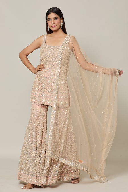 Samyukta Singhania Beige Net Sequins, Cut Work Square French Bloom Embroidered Kurta Sharara Set at Aza Fashions Samyukta Singhania_Beige Net Sequins, Cut Work Square French Bloom Embroidered Kurta Sharara Set _at_Aza_Fashions