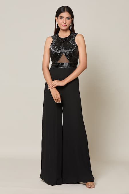 Samyukta Singhania Black Georgette Embroidery Nalki Halter Neck Synodic Jumpsuit