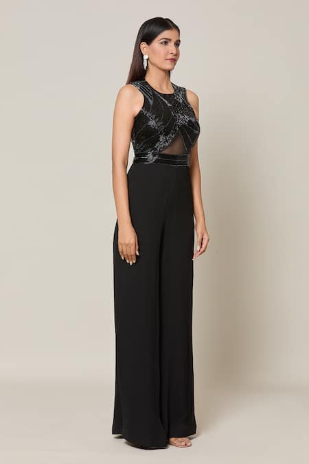 Samyukta Singhania_Black Georgette Embroidery Halter Neck Synodic Nalki Jumpsuit _Online_at_Aza_Fashions