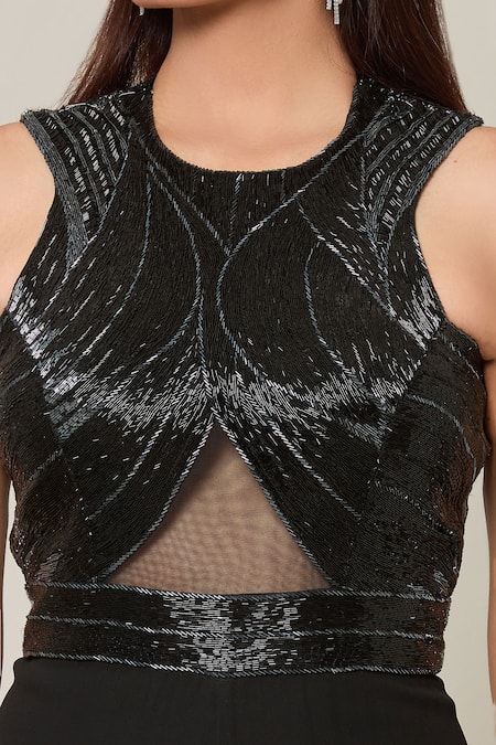 Shop_Samyukta Singhania_Black Georgette Embroidery Halter Neck Synodic Nalki Jumpsuit _Online_at_Aza_Fashions