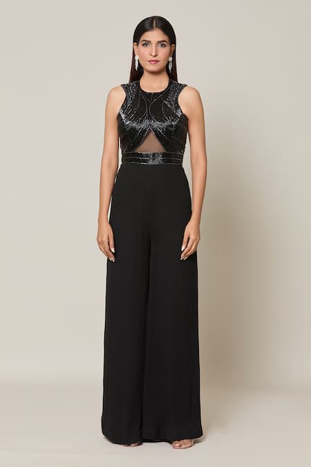 Samyukta Singhania_Black Georgette Embroidery Halter Neck Synodic Nalki Jumpsuit _at_Aza_Fashions