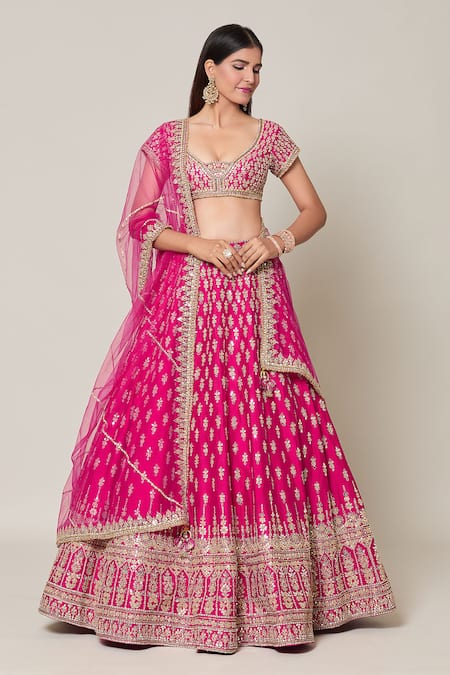 Samyukta Singhania Pink Raw Silk Embroidery Gota Patti Leaf Neck Gullista Bridal Lehenga Set