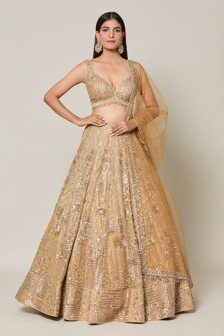 Samyukta Singhania Gold Net Embroidery Sequin Sweetheart Neck Bahar Bridal Lehenga Set