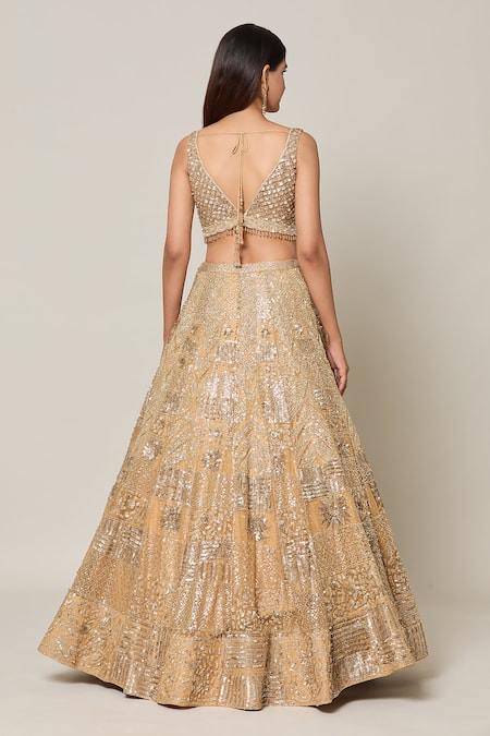Shop Azeera Gold Net Sequins, Crystals Sweetheart Neck Bahar Embroidered Bridal Lehenga Set at Aza Fashions Shop_Azeera_Gold Net Sequins, Crystals Sweetheart Neck Bahar Embroidered Bridal Lehenga Set_at_Aza_Fashions