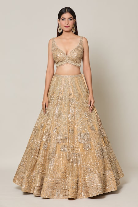 Azeera Gold Net Sequins, Crystals Sweetheart Neck Bahar Embroidered Bridal Lehenga Set Online at Aza Fashions Azeera_Gold Net Sequins, Crystals Sweetheart Neck Bahar Embroidered Bridal Lehenga Set_Online_at_Aza_Fashions