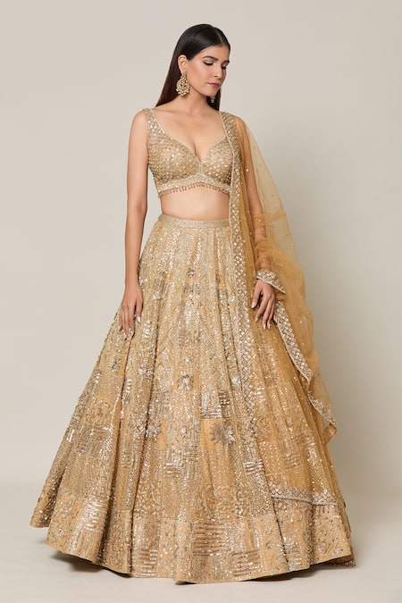 Buy Azeera Gold Net Sequins, Crystals Sweetheart Neck Bahar Embroidered Bridal Lehenga Set Online at Aza Fashions Buy_Azeera_Gold Net Sequins, Crystals Sweetheart Neck Bahar Embroidered Bridal Lehenga Set_Online_at_Aza_Fashions