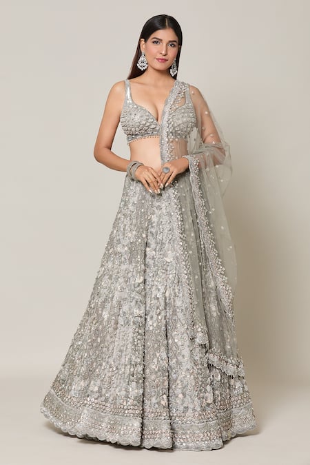 Samyukta Singhania Grey Net Embroidery Stone Sweetheart Bloom Meadow Sequin Bridal Lehenga Set