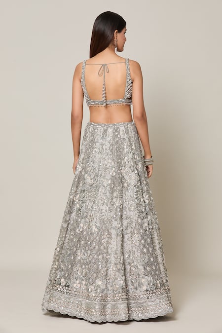 Shop Azeera Grey Net Crystals, Sequins, Stones Bloom Meadow Embroidered Bridal Lehenga Set at Aza Fashions Shop_Azeera_Grey Net Crystals, Sequins, Stones Bloom Meadow Embroidered Bridal Lehenga Set_at_Aza_Fashions