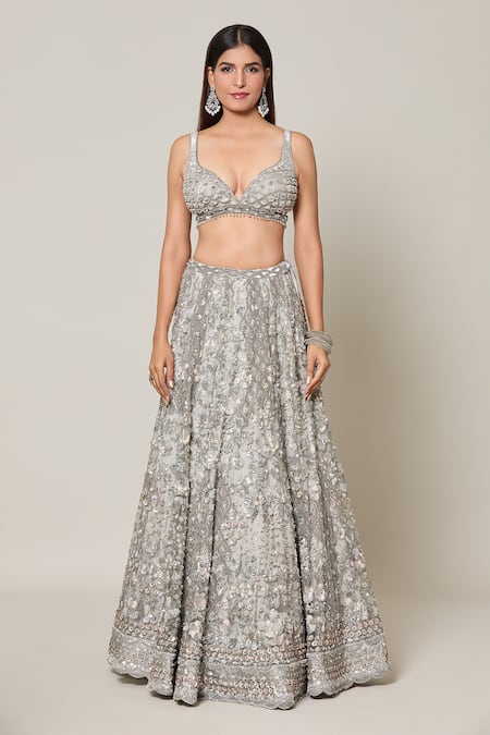 Azeera Grey Net Crystals, Sequins, Stones Bloom Meadow Embroidered Bridal Lehenga Set Online at Aza Fashions Azeera_Grey Net Crystals, Sequins, Stones Bloom Meadow Embroidered Bridal Lehenga Set_Online_at_Aza_Fashions