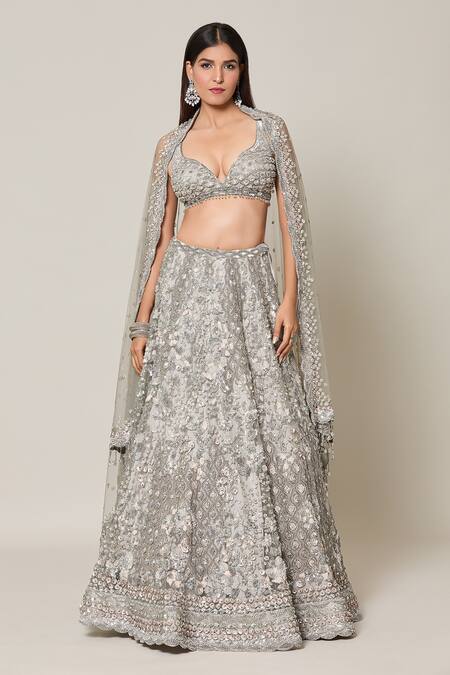 Shop Azeera Grey Net Crystals, Sequins, Stones Bloom Meadow Embroidered Bridal Lehenga Set Online at Aza Fashions Shop_Azeera_Grey Net Crystals, Sequins, Stones Bloom Meadow Embroidered Bridal Lehenga Set_Online_at_Aza_Fashions