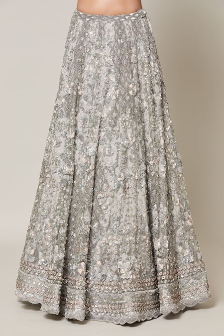 Azeera Grey Net Crystals, Sequins, Stones Bloom Meadow Embroidered Bridal Lehenga Set at Aza Fashions Azeera_Grey Net Crystals, Sequins, Stones Bloom Meadow Embroidered Bridal Lehenga Set_at_Aza_Fashions