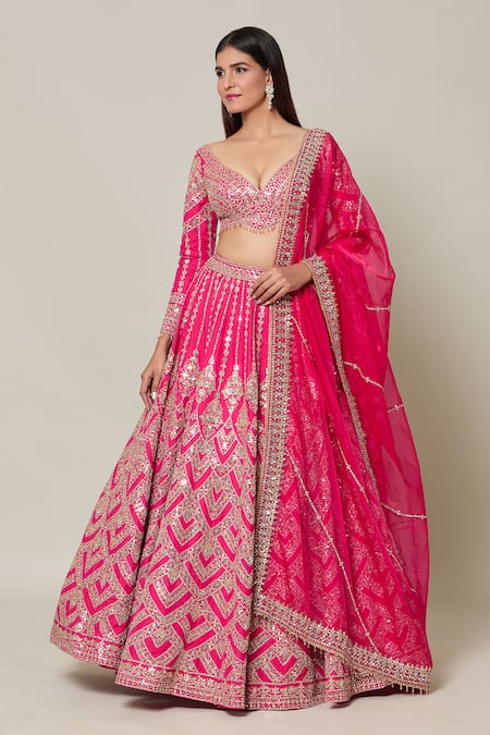 Samyukta Singhania Pink Silk Embroidery Gota Patti Leaf Neck Gul Bahar Lehenga Set