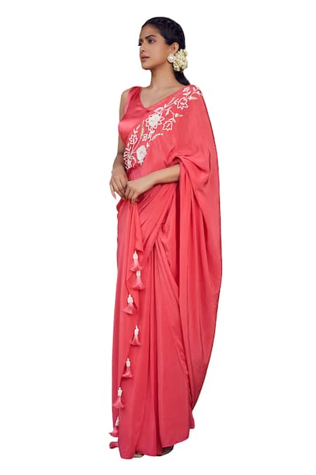Megha Pitti Red Satin, Crepe Cut Work, Beads, Floral Cutdana Embroidered Pre-stitched Saree Online at Aza Fashions Megha Pitti_Red Satin, Crepe Cut Work, Beads, Floral Cutdana Embroidered Pre-stitched Saree _Online_at_Aza_Fashions