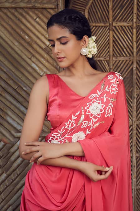 Buy Megha Pitti Red Satin, Crepe Cut Work, Beads, Floral Cutdana Embroidered Pre-stitched Saree Online at Aza Fashions Buy_Megha Pitti_Red Satin, Crepe Cut Work, Beads, Floral Cutdana Embroidered Pre-stitched Saree _Online_at_Aza_Fashions
