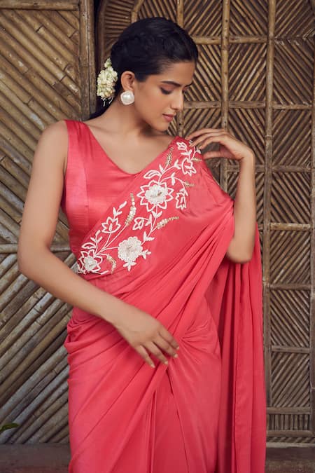 Shop Megha Pitti Red Satin, Crepe Cut Work, Beads, Floral Cutdana Embroidered Pre-stitched Saree Online at Aza Fashions Shop_Megha Pitti_Red Satin, Crepe Cut Work, Beads, Floral Cutdana Embroidered Pre-stitched Saree _Online_at_Aza_Fashions