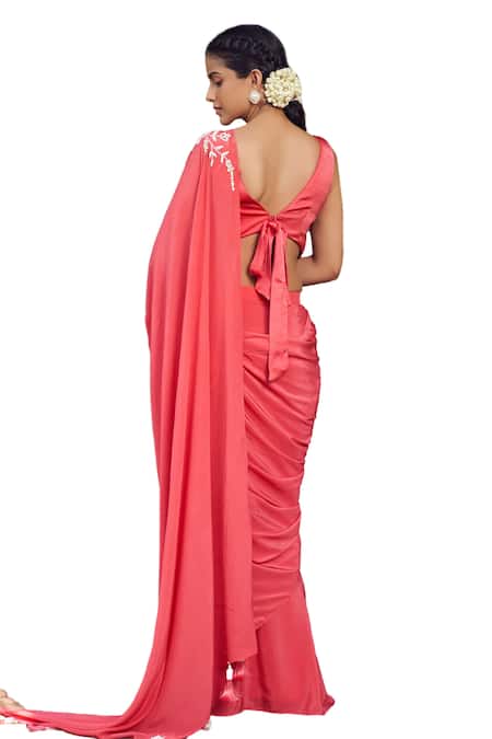 Buy Megha Pitti Red Satin, Crepe Cut Work, Beads, Floral Cutdana Embroidered Pre-stitched Saree Buy_Megha Pitti_Red Satin, Crepe Cut Work, Beads, Floral Cutdana Embroidered Pre-stitched Saree