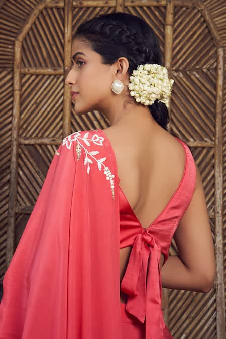 Shop Megha Pitti Red Satin, Crepe Cut Work, Beads, Floral Cutdana Embroidered Pre-stitched Saree Shop_Megha Pitti_Red Satin, Crepe Cut Work, Beads, Floral Cutdana Embroidered Pre-stitched Saree