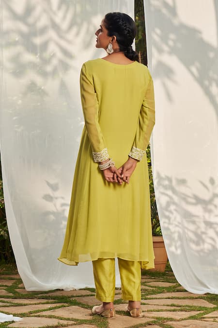 Shop_Megha Pitti_Green Georgette, Nylon Sequins, Cut Work, Beads Embroidered Kurta And Pant Set _at_Aza_Fashions