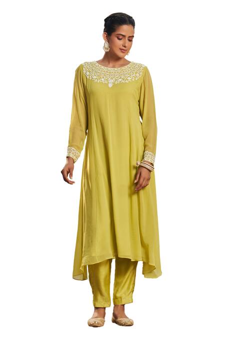 Buy_Megha Pitti_Green Georgette, Nylon Sequins, Cut Work, Beads Embroidered Kurta And Pant Set _Online_at_Aza_Fashions