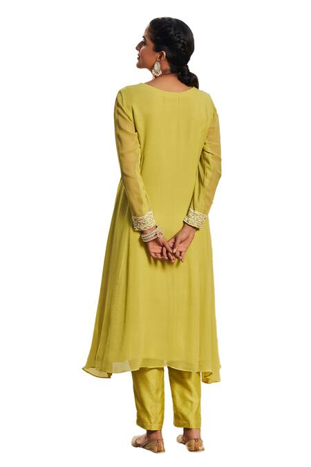 Shop_Megha Pitti_Green Georgette, Nylon Sequins, Cut Work, Beads Embroidered Kurta And Pant Set _Online_at_Aza_Fashions