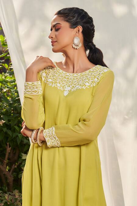 Megha Pitti_Green Georgette, Nylon Sequins, Cut Work, Beads Embroidered Kurta And Pant Set _at_Aza_Fashions