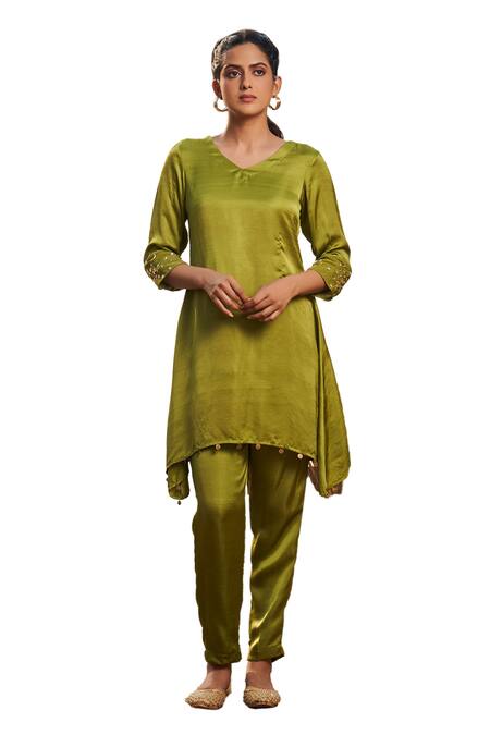 Buy Megha Pitti Green Satin, Silk Metallic Thread Coin Border Embellished Kurta And Pant Set Online at Aza Fashions Buy_Megha Pitti_Green Satin, Silk Metallic Thread Coin Border Embellished Kurta And Pant Set _Online_at_Aza_Fashions