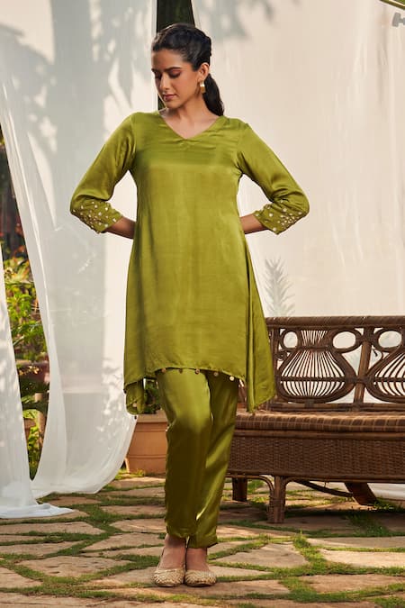Shop Megha Pitti Green Satin, Silk Metallic Thread Coin Border Embellished Kurta And Pant Set Online at Aza Fashions Shop_Megha Pitti_Green Satin, Silk Metallic Thread Coin Border Embellished Kurta And Pant Set _Online_at_Aza_Fashions