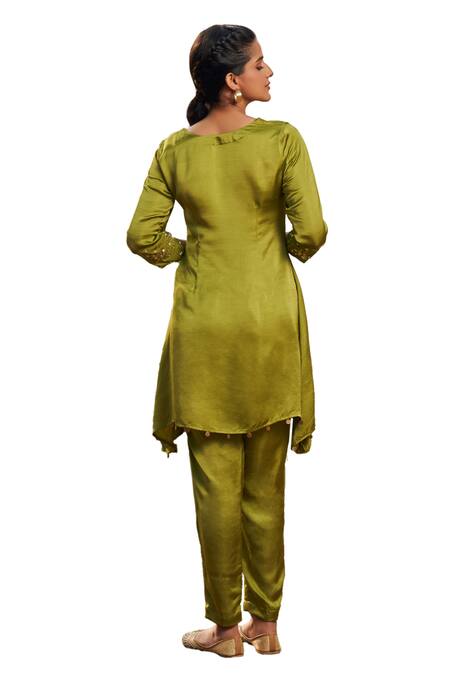 Megha Pitti Green Satin, Silk Metallic Thread Coin Border Embellished Kurta And Pant Set at Aza Fashions Megha Pitti_Green Satin, Silk Metallic Thread Coin Border Embellished Kurta And Pant Set _at_Aza_Fashions