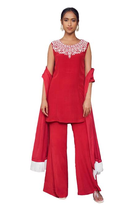 Shop Megha Pitti Red Crepe Cut Work, Beads, Sequins Round Cutdana Neckline Embroidered Kurta Set Online at Aza Fashions Shop_Megha Pitti_Red Crepe Cut Work, Beads, Sequins Round Cutdana Neckline Embroidered Kurta Set _Online_at_Aza_Fashions