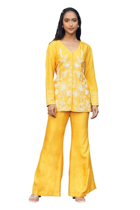 Shop_Megha Pitti_Yellow Silk Cut Work, Beads V-neck Cutdana Embroidered Top And Flared Pant Set _Online_at_Aza_Fashions