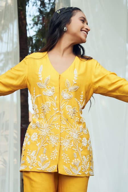 Buy_Megha Pitti_Yellow Silk Cut Work, Beads V-neck Cutdana Embroidered Top And Flared Pant Set 