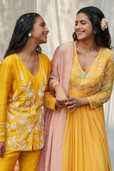 Shop_Megha Pitti_Yellow Silk Cut Work, Beads V-neck Cutdana Embroidered Top And Flared Pant Set 
