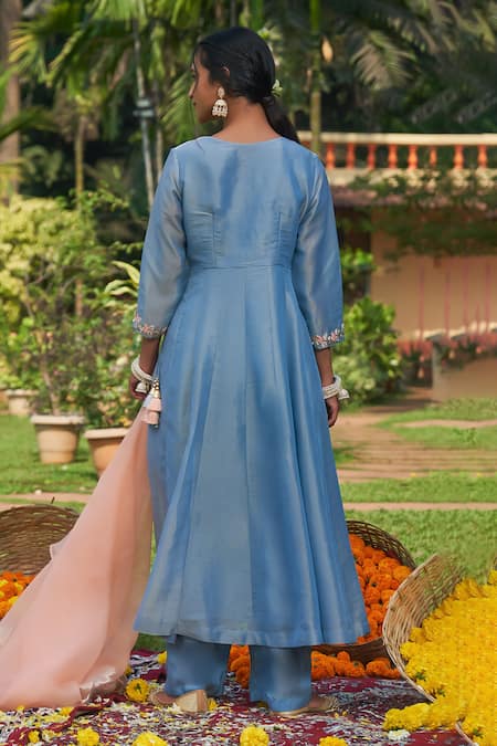 Shop Megha Pitti Blue Organza, Tissue Zari, Beads, Embroidery Neckline Angarkha Anarkali Set at Aza Fashions Shop_Megha Pitti_Blue Organza, Tissue Zari, Beads, Embroidery Neckline Angarkha Anarkali Set _at_Aza_Fashions