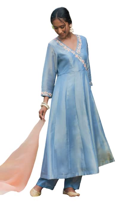Megha Pitti Blue Organza, Tissue Zari, Beads, Embroidery Neckline Angarkha Anarkali Set Online at Aza Fashions Megha Pitti_Blue Organza, Tissue Zari, Beads, Embroidery Neckline Angarkha Anarkali Set _Online_at_Aza_Fashions