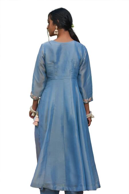 Megha Pitti Blue Organza, Tissue Zari, Beads, Embroidery Neckline Angarkha Anarkali Set at Aza Fashions Megha Pitti_Blue Organza, Tissue Zari, Beads, Embroidery Neckline Angarkha Anarkali Set _at_Aza_Fashions