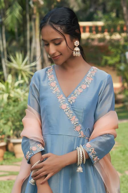 Buy Megha Pitti Blue Organza, Tissue Zari, Beads, Embroidery Neckline Angarkha Anarkali Set Buy_Megha Pitti_Blue Organza, Tissue Zari, Beads, Embroidery Neckline Angarkha Anarkali Set