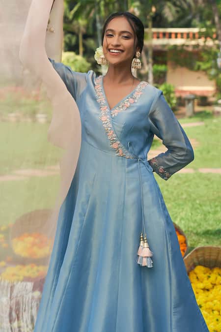 Shop Megha Pitti Blue Organza, Tissue Zari, Beads, Embroidery Neckline Angarkha Anarkali Set Shop_Megha Pitti_Blue Organza, Tissue Zari, Beads, Embroidery Neckline Angarkha Anarkali Set