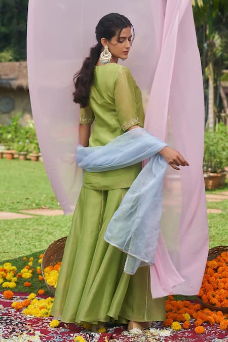 Shop Megha Pitti Green Tissue Embroidery, Sequins V-neck Zardozi Kurta Sharara Set at Aza Fashions Shop_Megha Pitti_Green Tissue Embroidery, Sequins V-neck Zardozi Kurta Sharara Set _at_Aza_Fashions