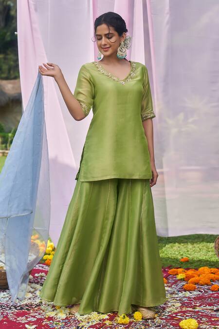 Megha Pitti Green Tissue Embroidery, Sequins V-neck Zardozi Kurta Sharara Set Online at Aza Fashions Megha Pitti_Green Tissue Embroidery, Sequins V-neck Zardozi Kurta Sharara Set _Online_at_Aza_Fashions