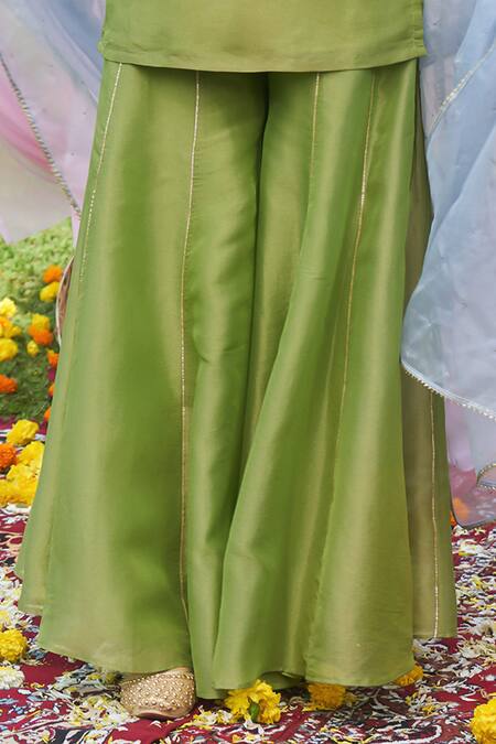 Buy Megha Pitti Green Tissue Embroidery, Sequins V-neck Zardozi Kurta Sharara Set Online at Aza Fashions Buy_Megha Pitti_Green Tissue Embroidery, Sequins V-neck Zardozi Kurta Sharara Set _Online_at_Aza_Fashions