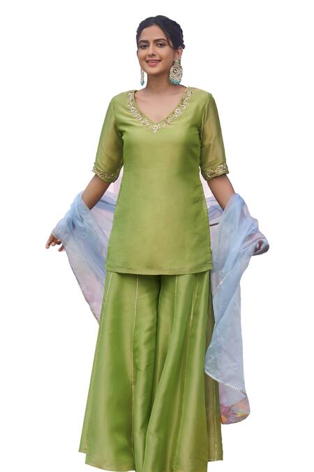 Shop Megha Pitti Green Tissue Embroidery, Sequins V-neck Zardozi Kurta Sharara Set Online at Aza Fashions Shop_Megha Pitti_Green Tissue Embroidery, Sequins V-neck Zardozi Kurta Sharara Set _Online_at_Aza_Fashions